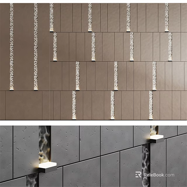 Modern Sofa Backdrop Wall Decor With Brown Gray Panels White Vertical Decorative Strips And Lighting 3d model