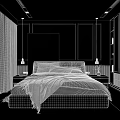 Modern Bedroom Interior With Gray Bed Green Black Blanket Geometric Rug And Wooden Floor