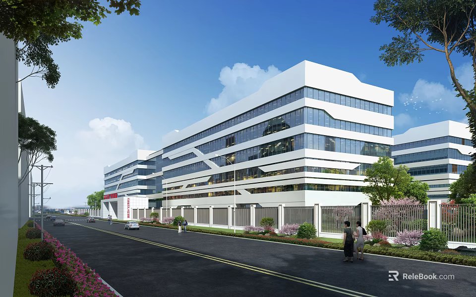 Modern Industrial Factory Building With Glass Curtain Walls Multiple Floors Greenery And Roadside View 3d model 