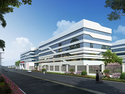 Modern Industrial Factory Building With Glass Curtain Walls Multiple Floors Greenery And Roadside View 3d model