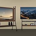 Two Modern TVs With Scenic Screens Showing Time Temperature And Wooden Metal Stands