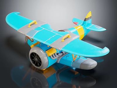 3D Rendered Blue Passenger Plane Toy With Yellow Gray Details Propeller And Wings 3d model