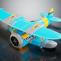 3D Rendered Blue Passenger Plane Toy With Yellow Gray Details Propeller And Wings