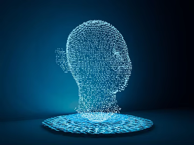 Futuristic Decorative Light Featuring 3D Head Silhouette with Light Dots on Circular Base Blue Background 3d model