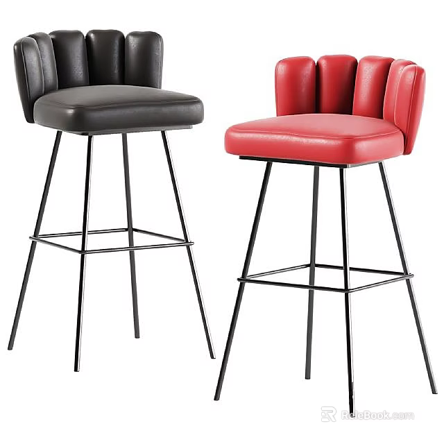Modern Black and Red Leather Bar Stools with Tufted Back and Metal Legs 3d model 
