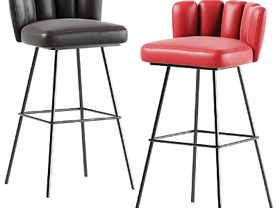 Modern Black and Red Leather Bar Stools with Tufted Back and Metal Legs 3d model