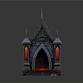 Castle Style Building With Golden Spires Black Roof Red Accents And Arched Doorway