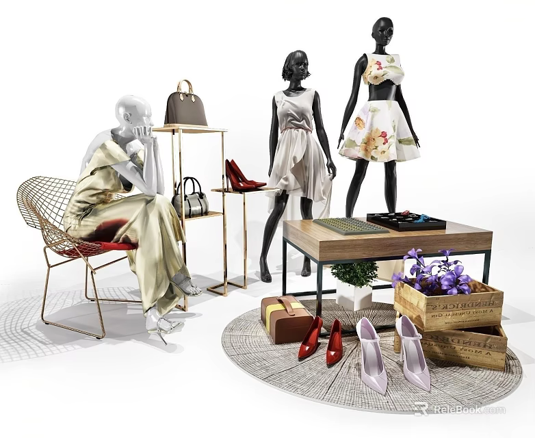 Mannequins in Stylish Dresses with Handbags and High Heels in Fashion Display Setting 3d model 