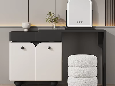 Modern Dressing Table With Black And White Cabinets Mirror And Fluffy Stool 3d model
