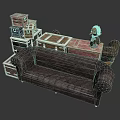 Dark Brown Tufted Sofa With Stacked Suitcases Wooden Boxes And Small Statue