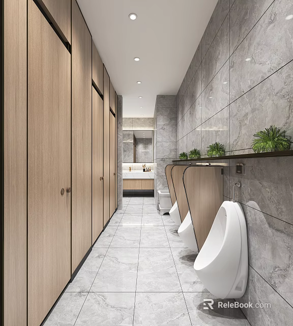 Modern Public Restroom With Wooden Partitions Urinals Plants And Marble Tiles 3d model 