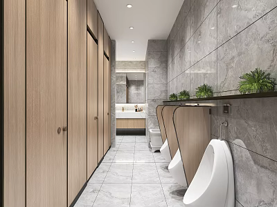 Modern Public Restroom With Wooden Partitions Urinals Plants And Marble Tiles 3d model