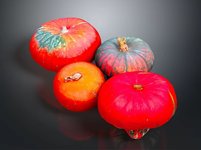 Colorful Fresh Pumpkins in Red Orange and Green Striped Hues on Dark Display Background 3d model