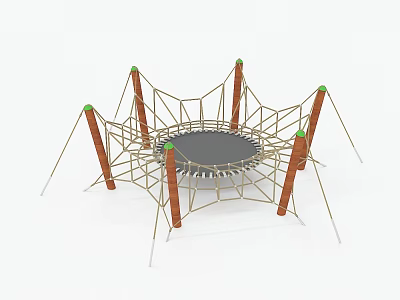 Outdoor Playground Equipment With Net Structure Trampoline Wooden Poles And Green Tops 3d model