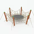 Outdoor Playground Equipment With Net Structure Trampoline Wooden Poles And Green Tops