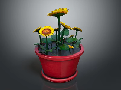 Beautiful Sunflowers In Red Pot With Green Leaves And Yellow Petals 3d model