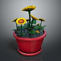 Beautiful Sunflowers In Red Pot With Green Leaves And Yellow Petals