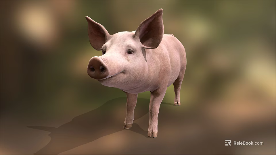 Adorable Pink Pig With Big Ears Standing On Green Grass Field 3d model 