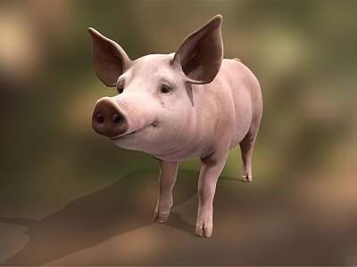 Adorable Pink Pig With Big Ears Standing On Green Grass Field 3d model