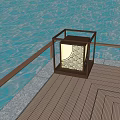 Chinese Style Square Outdoor Light on Wooden Deck with Railing Green Bushes and Water Surface