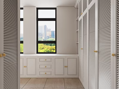 Spacious Walk In Closet With White Louvered Doors And Scenic Window View 3d model