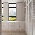 Spacious Walk In Closet With White Louvered Doors And Scenic Window View