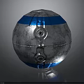 Metallic Sphere With Silver Surface And Blue Horizontal Stripes Featuring Circular Components