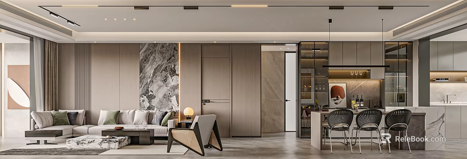 Modern Living Dining Room Interior With Sofa Dining Table And Marble Feature Wall 3d model 