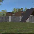 Modern Hotel Building With White Facade Brown Sloped Roof And Green Lawn Surrounded by Trees