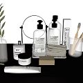 Stylish Bathroom Accessories on Vanity Counter with Mirror Bottles Toothbrushes Toothpaste and Plant