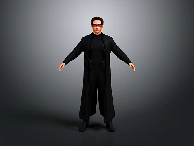 Man In Black Robe With Glasses Standing In Full Body Pose Against Gray Background 3d model