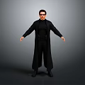 Man In Black Robe With Glasses Standing In Full Body Pose Against Gray Background