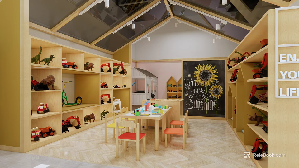 Kids Playroom With Toy Shelves Wooden Table Chairs And Sunflower Blackboard 3d model 