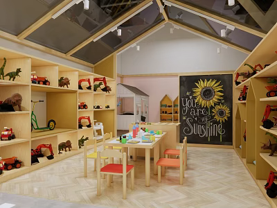 Kids Playroom With Toy Shelves Wooden Table Chairs And Sunflower Blackboard 3d model
