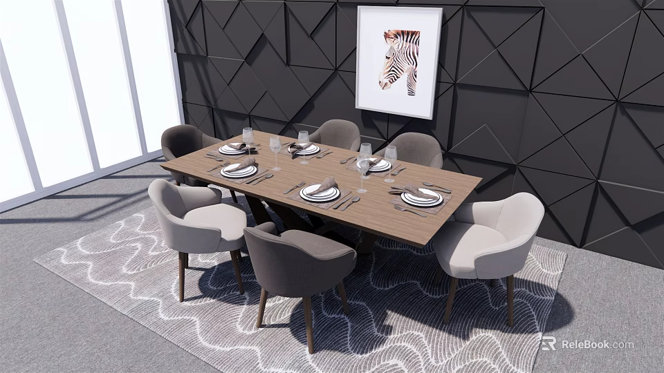 Modern Dining Table Set With Chairs Tableware And Zebra Painting On Geometric Wall 3d model 