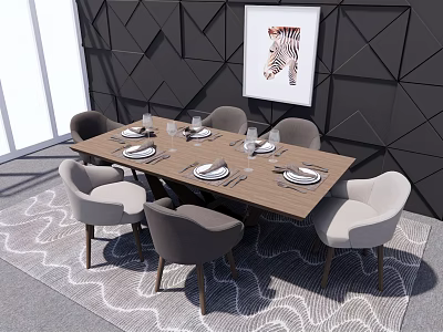 Modern Dining Table Set With Chairs Tableware And Zebra Painting On Geometric Wall 3d model