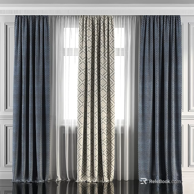 Layered Blue And Beige Curtains With Geometric Pattern For Window Interior 3d model 