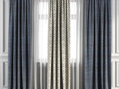 Layered Blue And Beige Curtains With Geometric Pattern For Window Interior 3d model