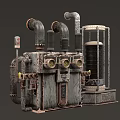 Vintage Industrial Mechanical Device With Metal Pipes Gauges And Cylindrical Container