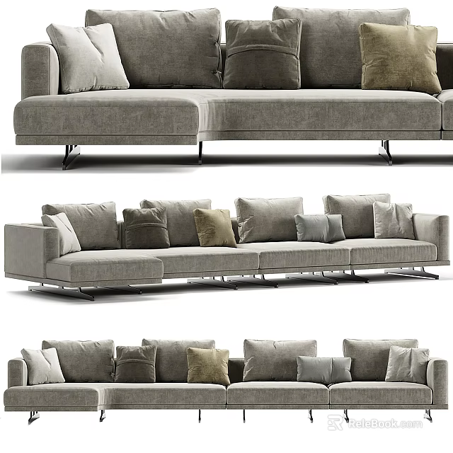 Modern Gray Sectional Sofa With Plush Cushions And Metal Legs Design 3d model 