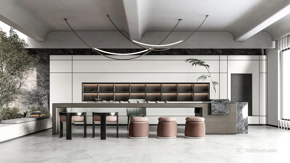 Modern Tea Room Interior With Long Table Pendant Lights Shelves And Wooden Stools 3d model 