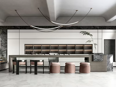 Modern Tea Room Interior With Long Table Pendant Lights Shelves And Wooden Stools 3d model