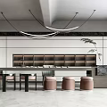 Modern Tea Room Interior With Long Table Pendant Lights Shelves And Wooden Stools