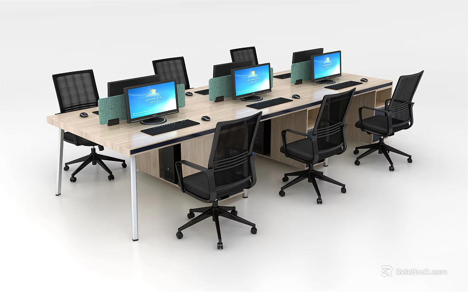 Modern Office Desk With Multiple Computer Monitors And Black Office Chairs 3d model