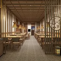 Modern Restaurant Interior Design With Wooden Tables Chairs Pendant Light And Indoor Plant