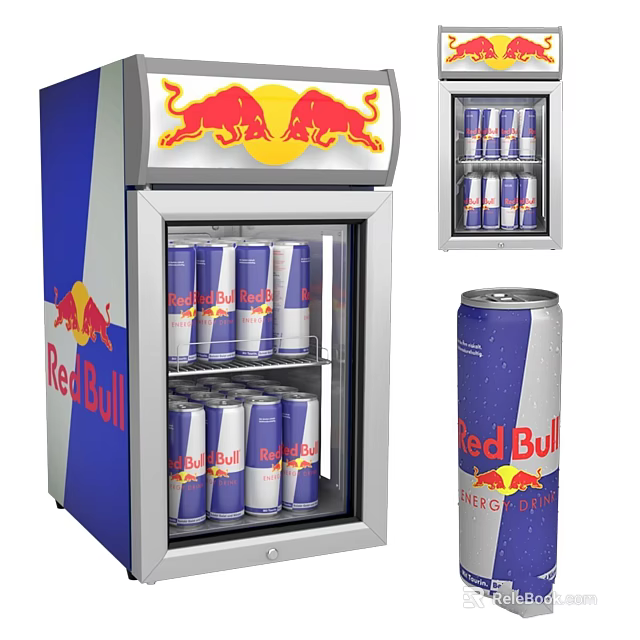Commercial Refrigerated Display Case with glass door stocked with Red Bull energy drinks and logo 3d model 