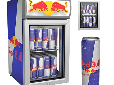 Commercial Refrigerated Display Case with glass door stocked with Red Bull energy drinks and logo 3d model