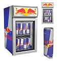 Commercial Refrigerated Display Case with glass door stocked with Red Bull energy drinks and logo