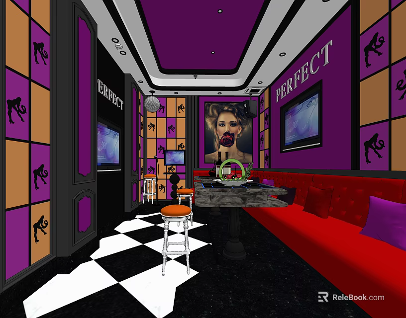 Modern KTV Interior With Purple Black Walls PERFECT Lettering TV Screens Red Sofa Checkered Floor 3d model 