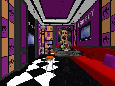 Modern KTV Interior With Purple Black Walls PERFECT Lettering TV Screens Red Sofa Checkered Floor 3d model